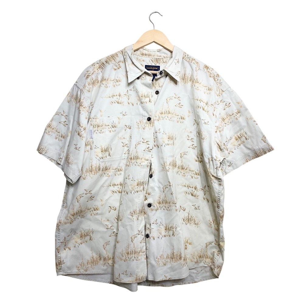 Woolrich Mens Short Sleeve Duck Marsh Print Button Down‎ Shirt Tan Cream Large